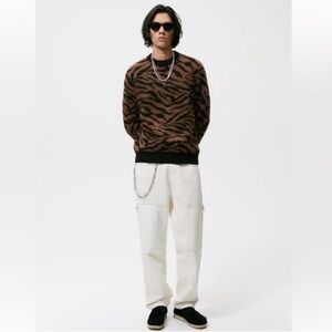 Zara Men Tiger Print Crewneck Sweater Size XL Black Brown
